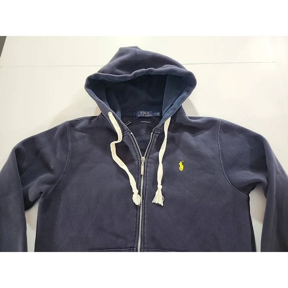 Vtg‎ Polo Ralph Lauren Full Zip Hoodie Medium Navy Blue Yellow Logo Slim Fit
